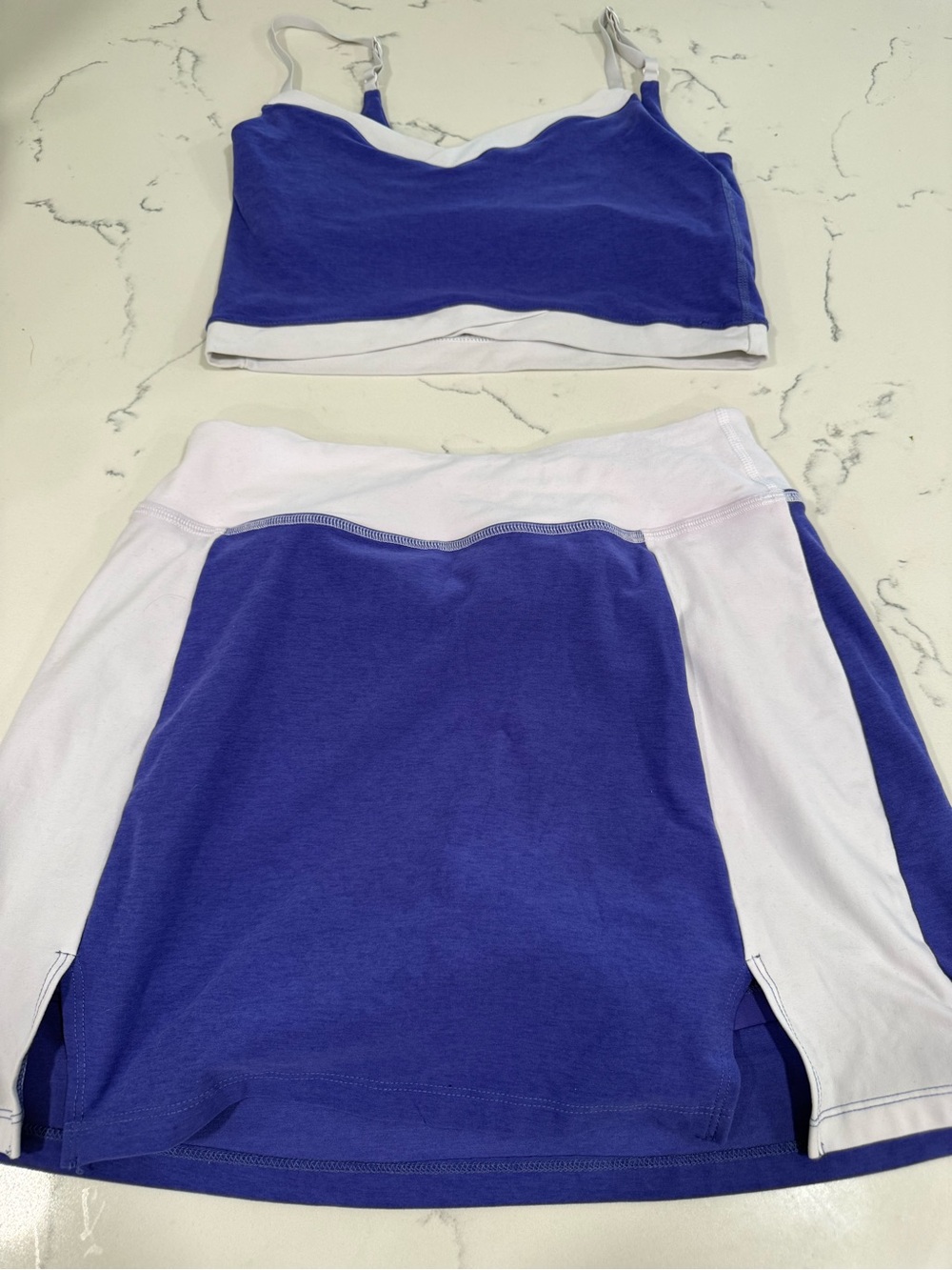 Beyond Yoga Purple and White Sports Bralette with Matching Skirt Set